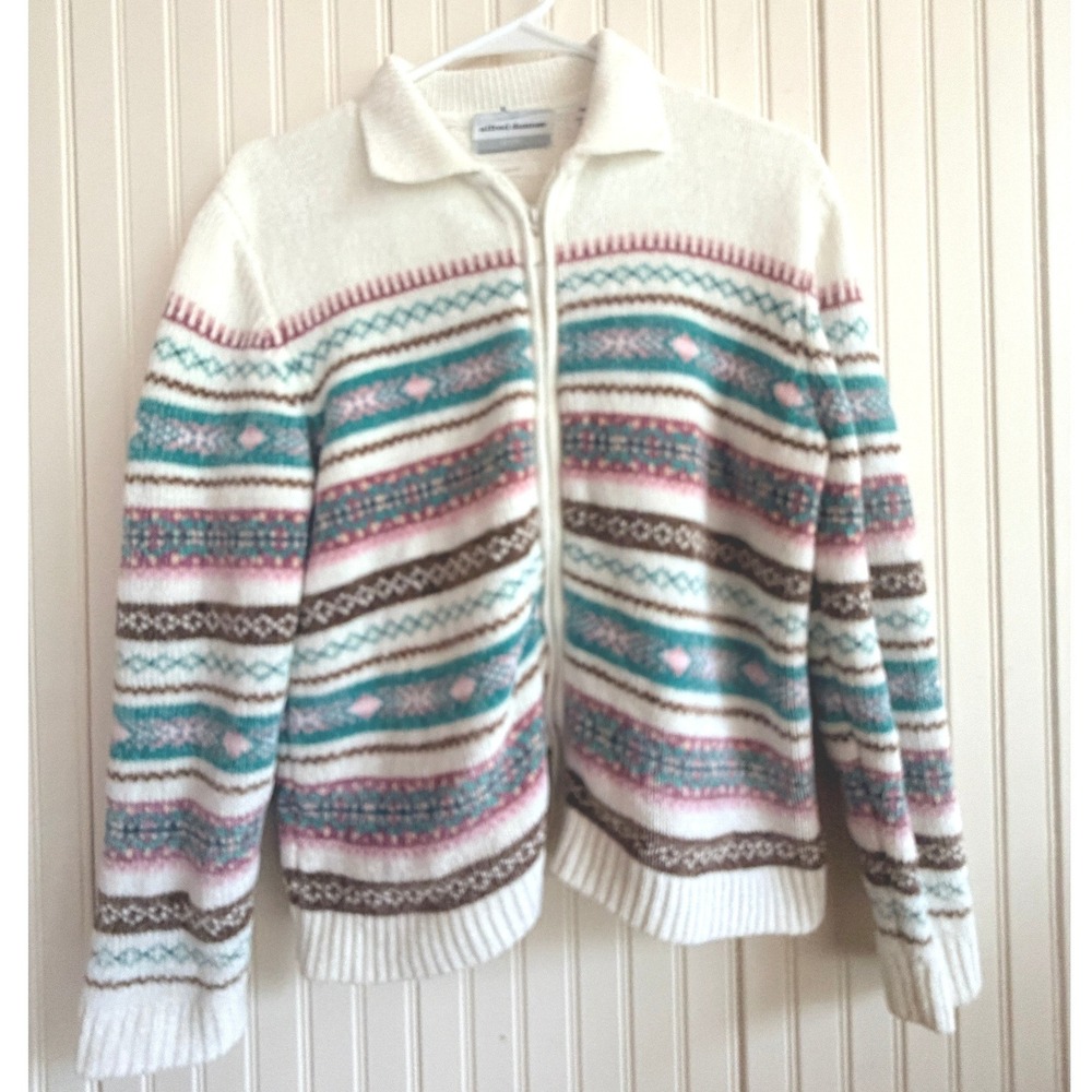Alfred Dunner Zip Up Cardigan Sweater Fair Isle Chenille White Petite Medium